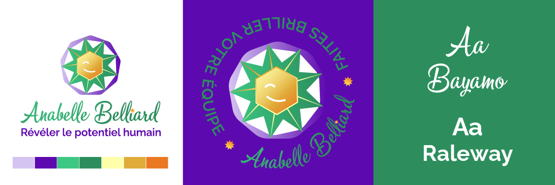 Charte graphique d'Anabelle Belliard, coach professionnelle certifiée et animatrice de yoga du rire, comprenant le logo, les typographies Bayamo et Raleway, ainsi qu'une palette de couleurs inspirante et lumineuse.