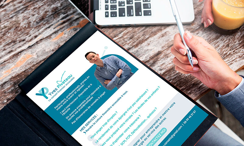 Flyer professionnel d'Yves Piveteau, conseiller financier, présentant ses services et ses coordonnées.