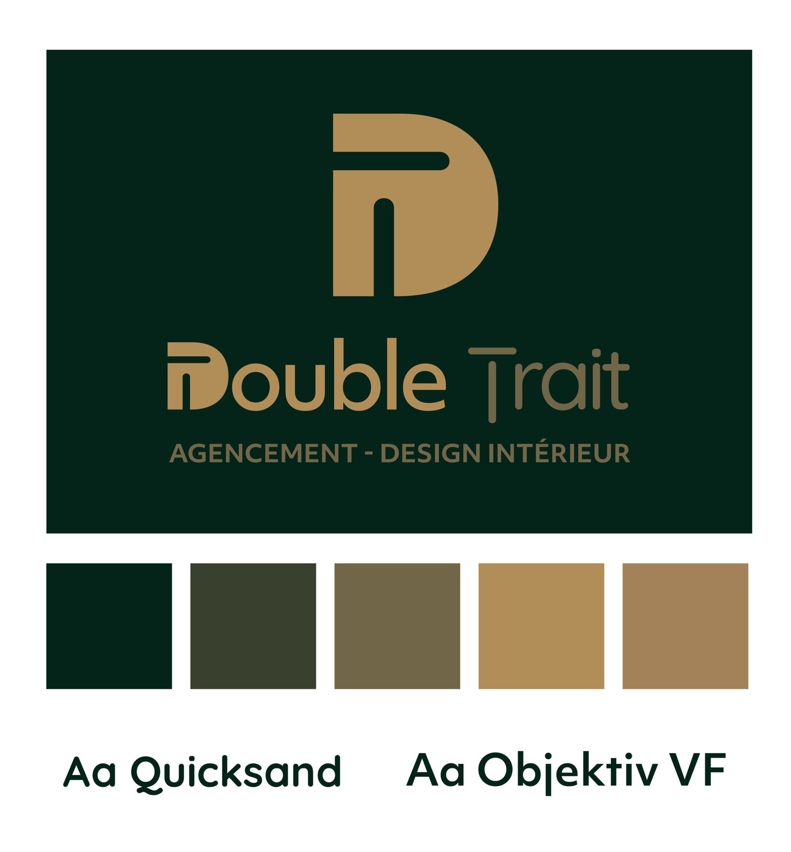 Première proposition de logo Double Trait avec monogramme DT et palette vert profond, doré et beige