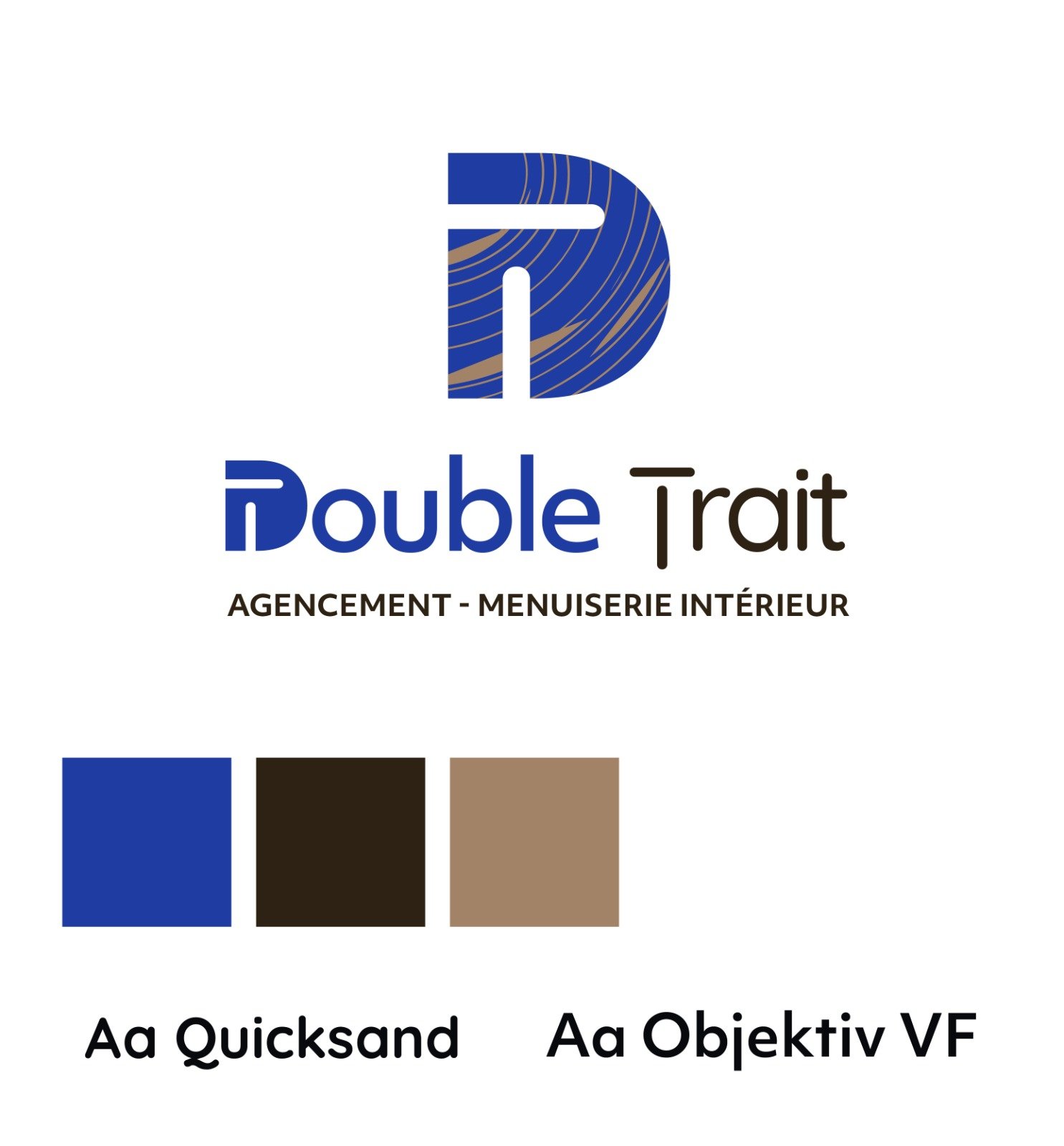 Proposition de logo Double Trait en bleu avec monogramme DT et cernes du bois