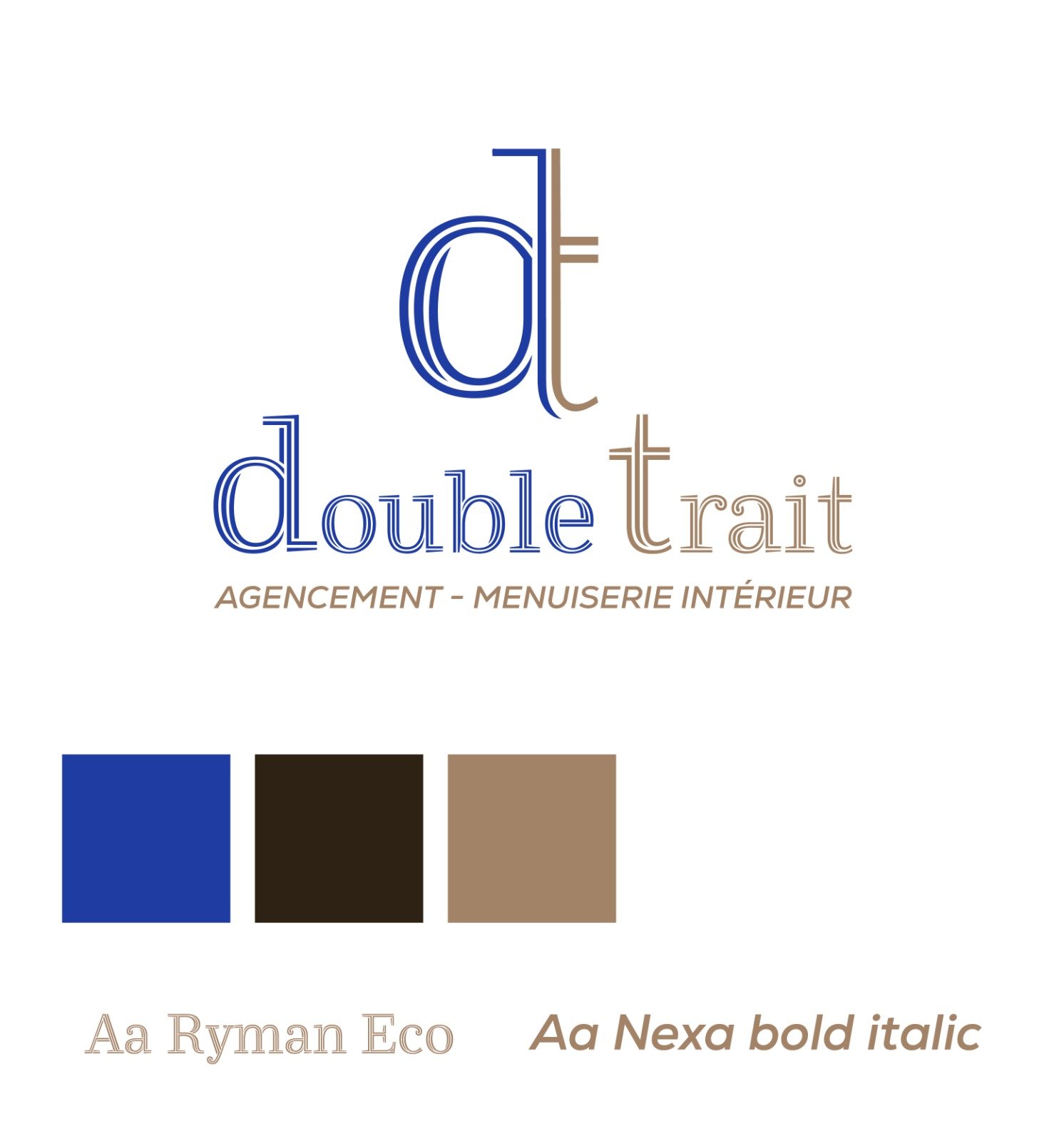 Recherche graphique pour Double Trait avec monogramme DT, typographie linéaire et palette bleu, brun et beige