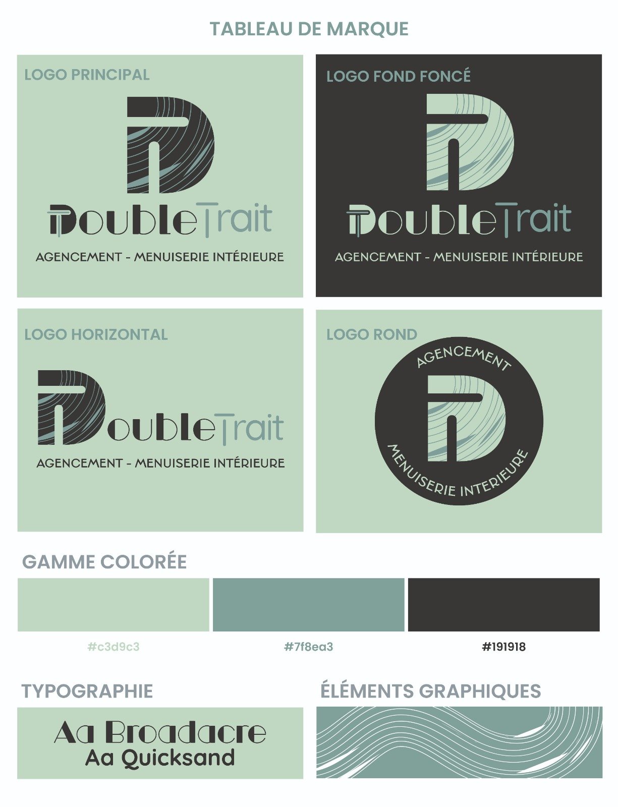 Essai d’identité visuelle Double Trait avec palette vert grisé, noir et vert clair